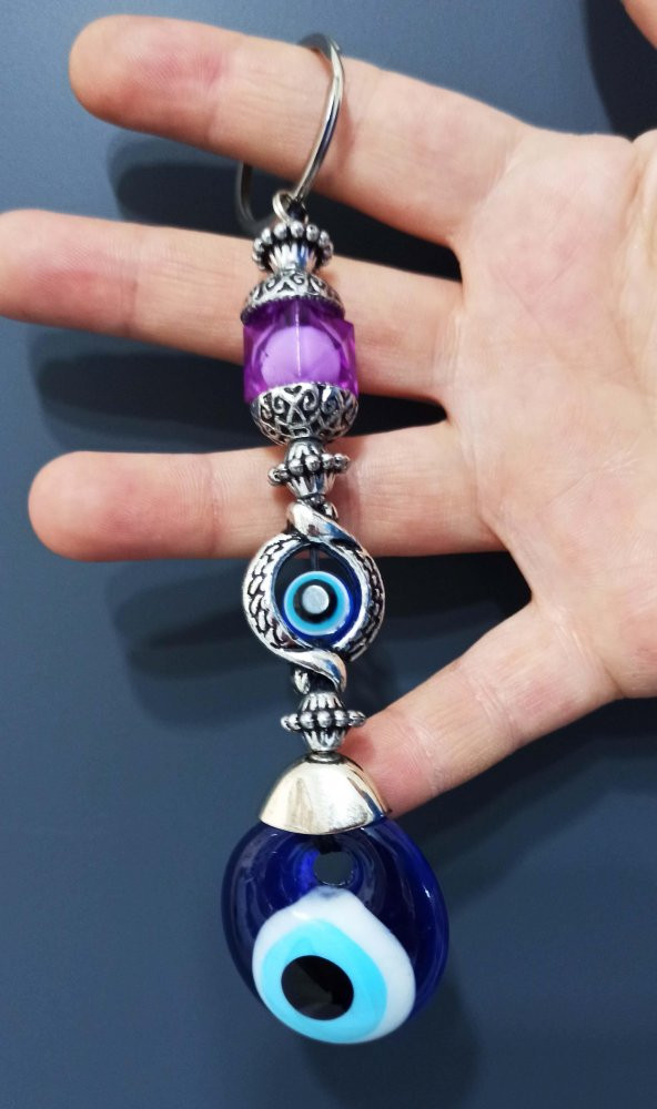 Nazar Boncuklu Mor Kristal Taşlı Anahtarlık - 3