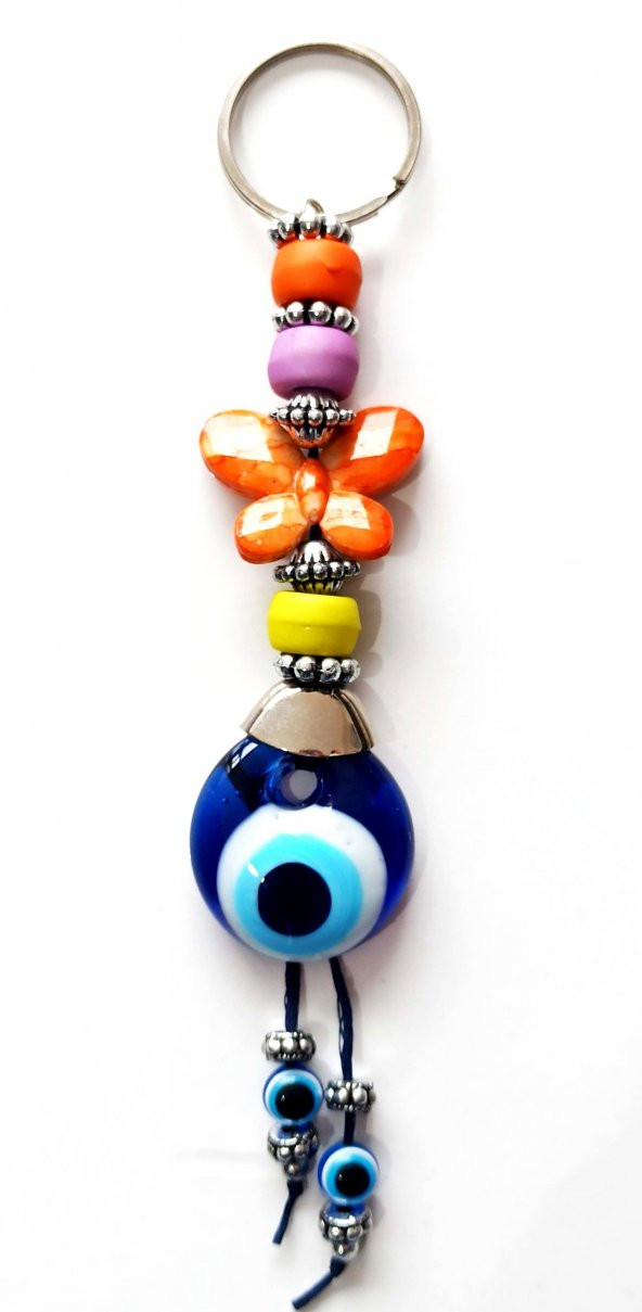 Nazar Boncuklu Turuncu Kelebekli Renkli Boncuklu Anahtarlık - 2