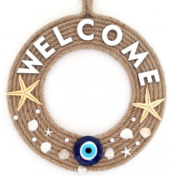 Jüt İpten Deniz Yıldızlı Nazar Boncuklu İncili Deniz Yıldızlı Welcome Yazılı Kapı Süsü ürün görseli