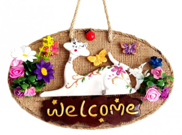 Welcome Yazılı Kedili El Yapımı Kapı Süsü - 1
