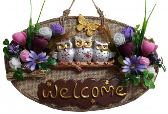 Baykuş Ailesi Welcome Yazılı Kapı Süsü - Resim 2