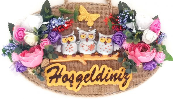 Baykuş Ailesi Hoşgeldiniz Yazılı Çiçekli El Yapımı Kapı Süsü