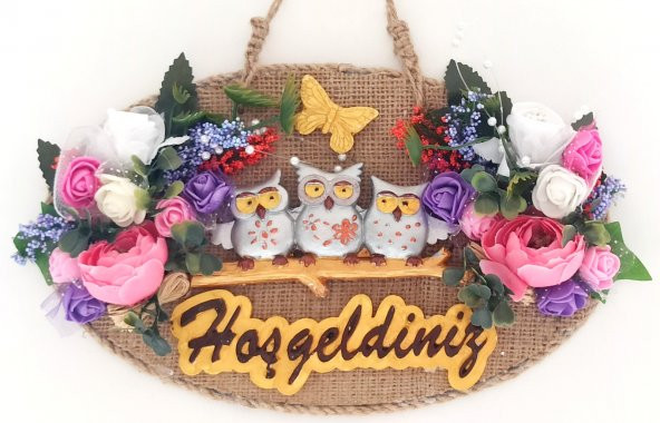Baykuş Ailesi Hoşgeldiniz Yazılı Çiçekli El Yapımı Kapı Süsü - Resim 2