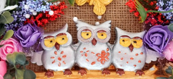 Baykuş Ailesi Hoşgeldiniz Yazılı Çiçekli El Yapımı Kapı Süsü - Resim 3