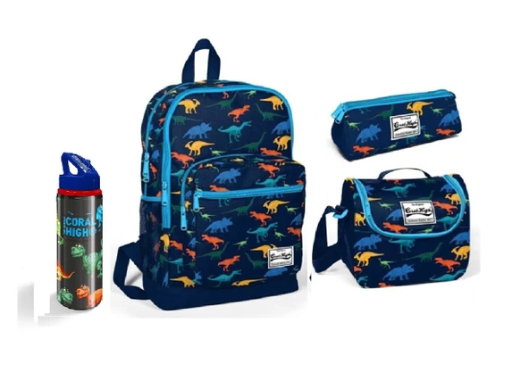 Coral High Dinazor Desenli Beslenme Okul Çantası Kalemlik + Matara