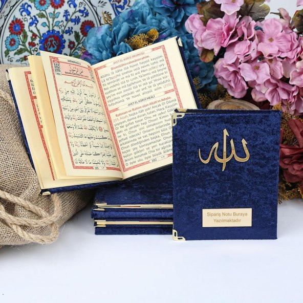 Kadife Kaplı Yasin Kitabı (Çanta Boy 12×16, 128 Sayfa) Allah Lafızlı, İsim Baskılı-Lacivert - 1