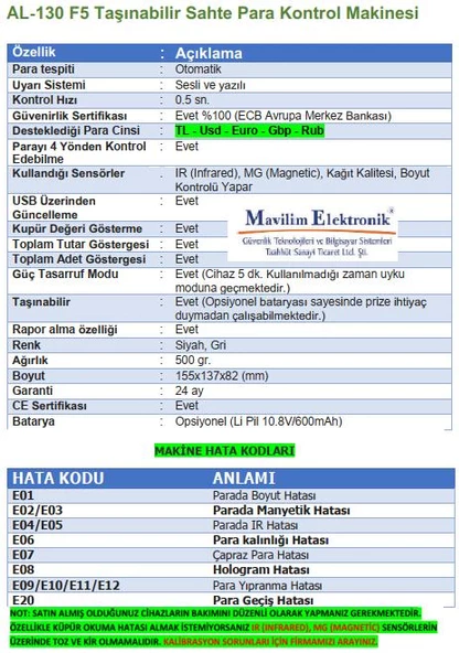 Bill Counter AL-130 F5 ŞüpheliPara Kontrol Makinesi 5 Ülke Parası - 4