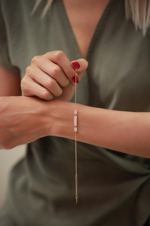 Kare Model Zirkon Taşlı Rose Kaplama Gümüş Bileklik - 2