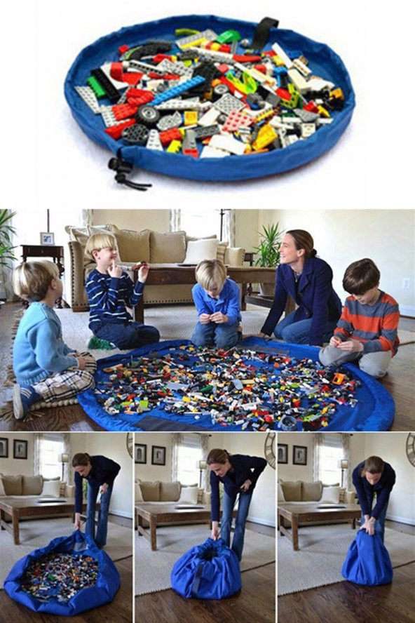 Çocuk Oyuncak Hurcu Mavi Çanta Oyun Halısı Lego Puzzle ve Yapboz Eğitici Oyuncaklar Sepeti