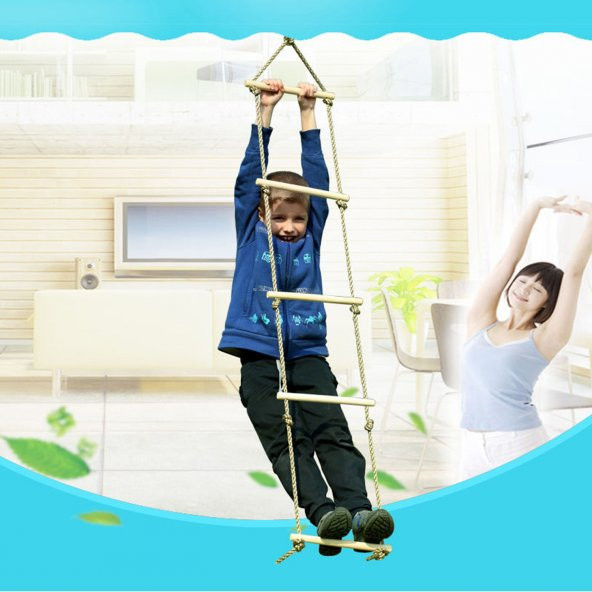 İp Merdiven Büyük Boy Ahşap 6 Basamaklı Halatlı Tırmanma Merdiveni Eğitici Geliştirici Çocuk Oyuncak - 5