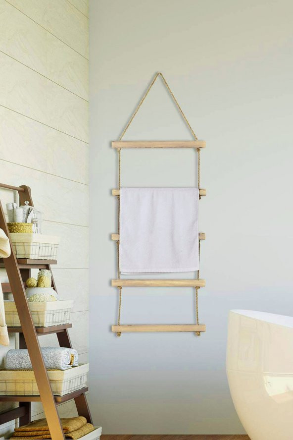 Towel Jüt Merdiven 5 Katlı Ahşap Banyo Mutfak Havlu Askısı Dekoratif Halat Havluluk