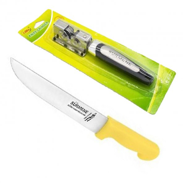 Sürmene Bıçağı + Bıçak Bileyici Set Kasap Dövme Bıçağı Kurban Kesim Mutfak Bıçakları