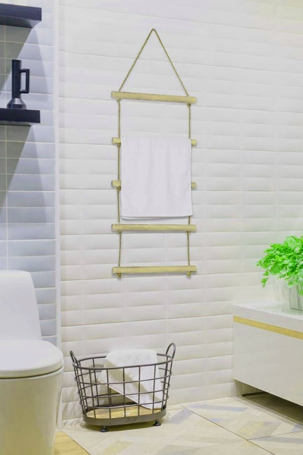 Towel Jüt Merdiven 5 Katlı Ahşap Banyo Mutfak Havlu Askısı Dekoratif Halat Havluluk - 4