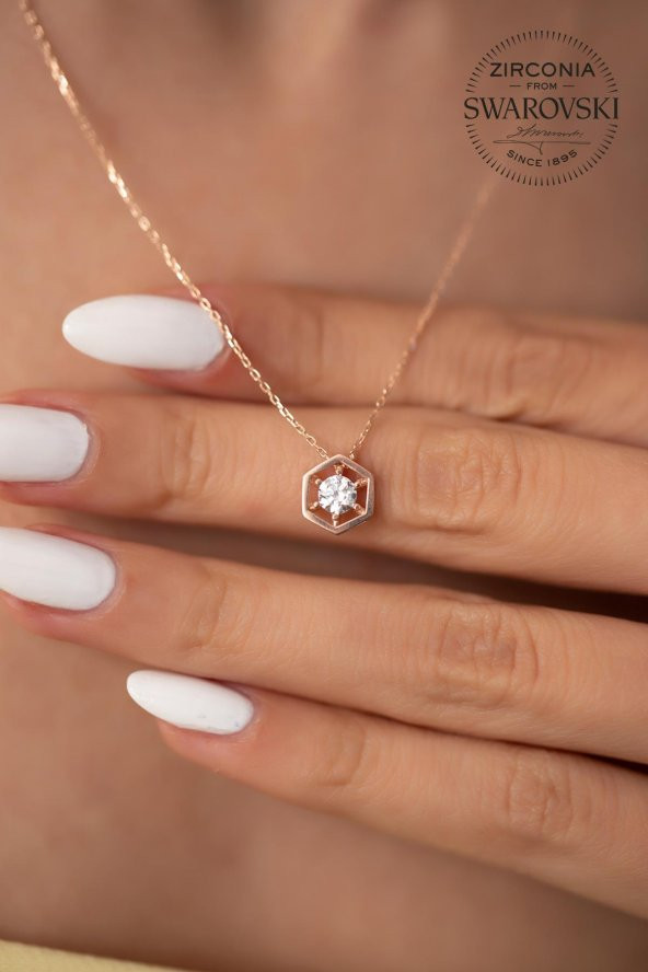 Swarovski Taşlı Altıgen Model Rose Kaplama Gümüş Zirconia Kolye