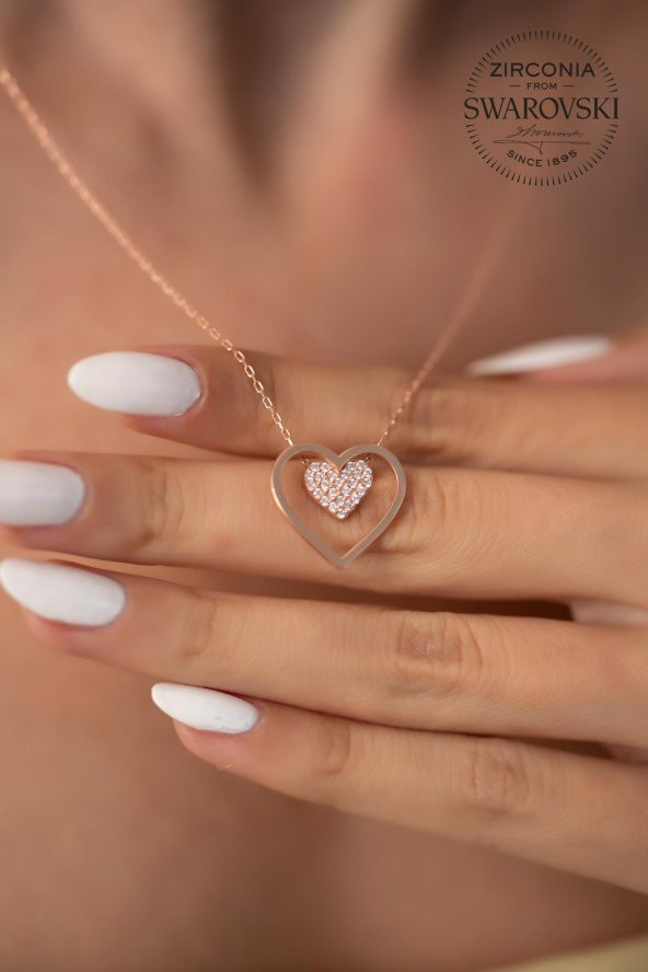 Swarovski Taşlı Çift Kalp Model Rose Kaplama Gümüş Zirconia Kolye