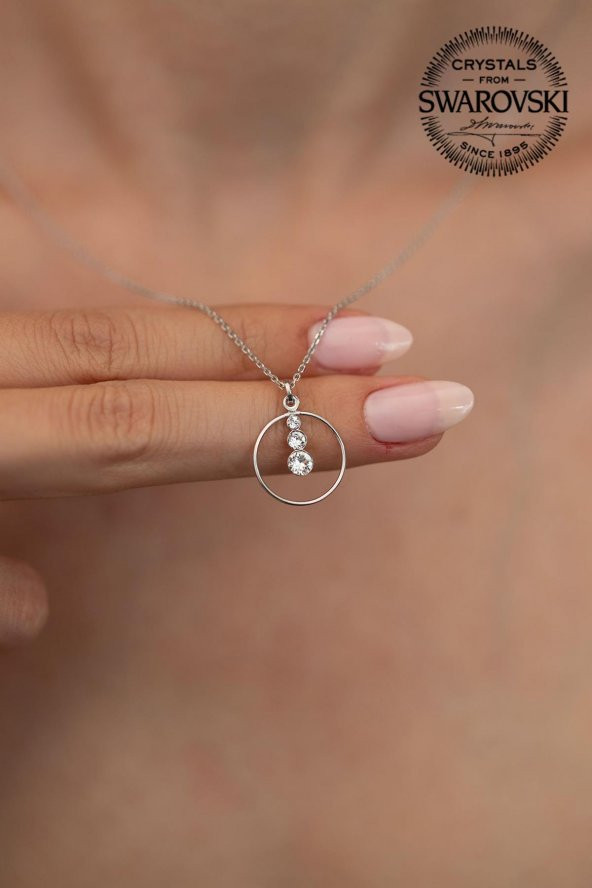 Swarovski Taşlı Halka Üç Taşlı Model Rose Kaplama Gümüş Crystal Kolye