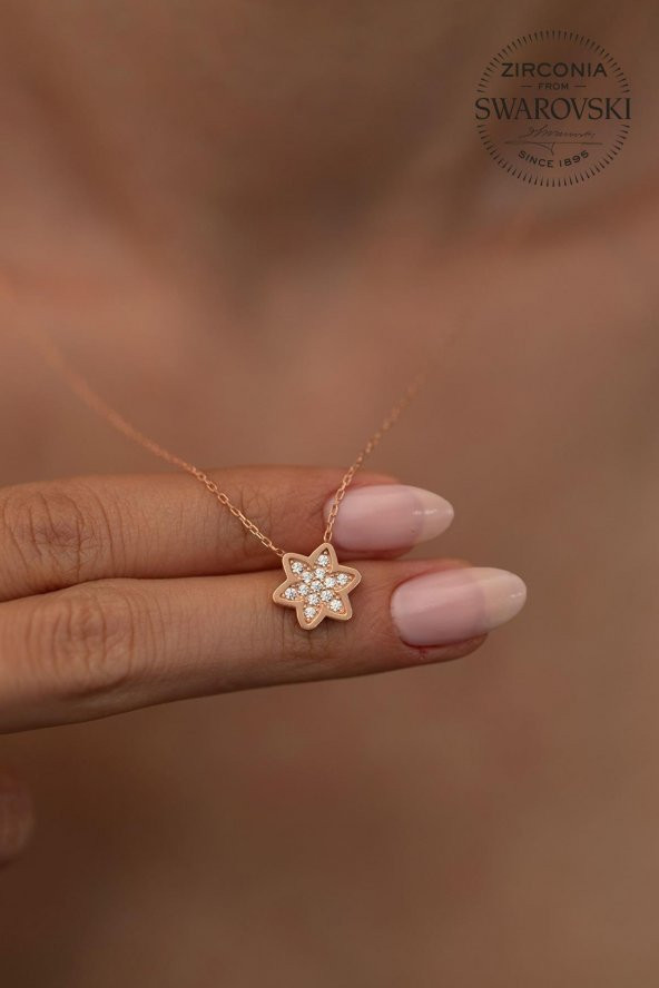 Swarovski Taşlı Altı Köşeli Yıldız Model Rose Kaplama Gümüş Zirconia Kolye