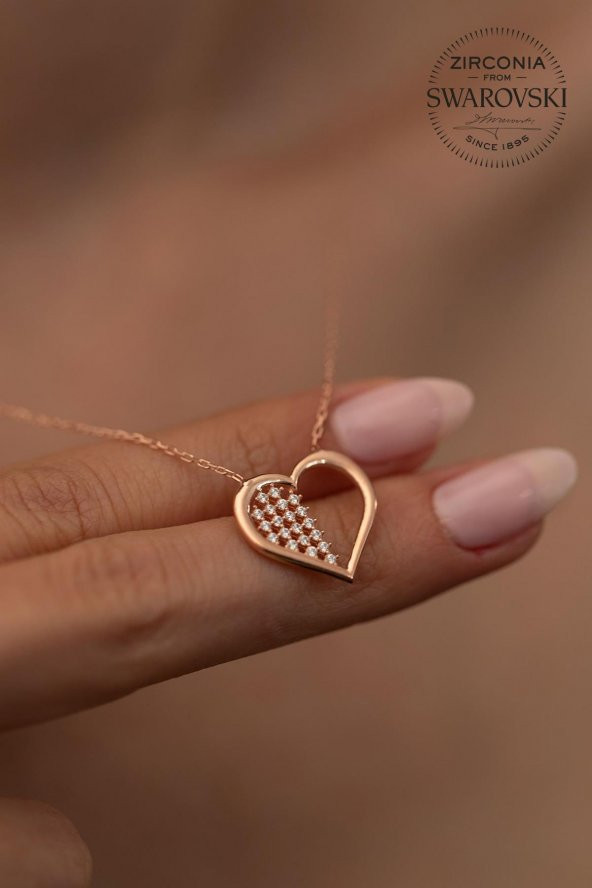 Swarovski Taşlı Kalp Model Rose Kaplama Gümüş Zirconia Kolye