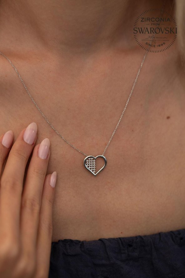 Swarovski Taşlı Kalp Model Gümüş Zirconia Kolye - 2