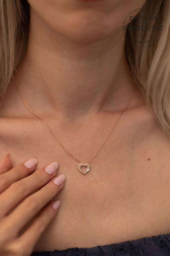 Swarovski Taşlı Kalp ve Tektaş Model Rose Kaplama Gümüş Zirconia Kolye - 2