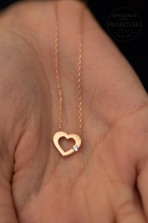 Swarovski Taşlı Kalp ve Tektaş Model Rose Kaplama Gümüş Zirconia Kolye - 3
