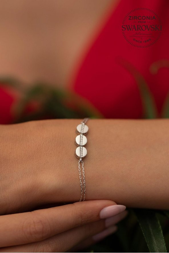 Swarovski Taşlı Üçlü Yuvarlak Model Gümüş Zirconia Zirconia Bileklik - 2