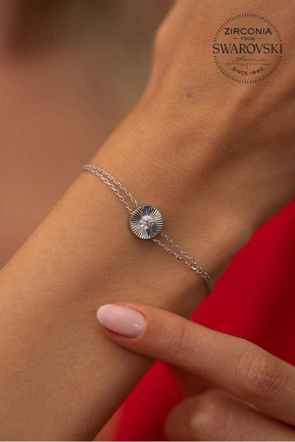 Swarovski Taşlı Yuvarlak ve Tektaş Model Rose Kaplama Gümüş Zirconia Bileklik - 2