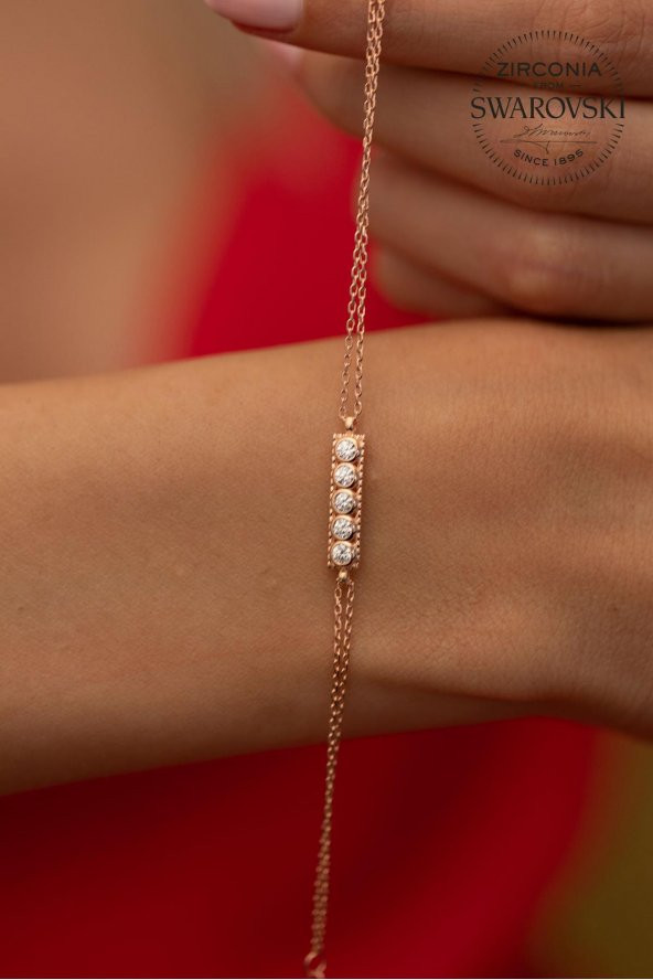 Swarovski Taşlı Beştaş Model Rose Kaplama Gümüş Zirconia Bileklik - 1