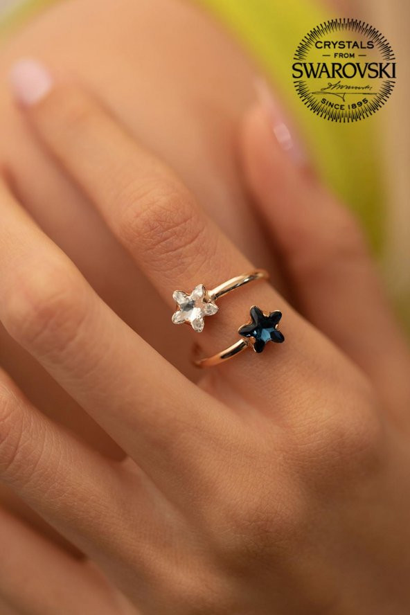 Swarovski Taşlı İkili Yıldız Model Rose Kaplama Gümüş Crystal Yüzük