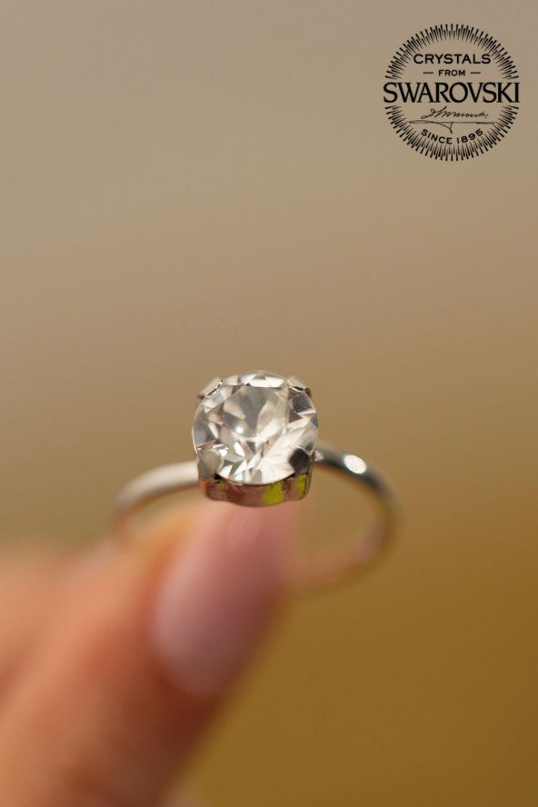 Swarovski Taşlı Tektaş Model Gümüş Crystal Yüzük - 3