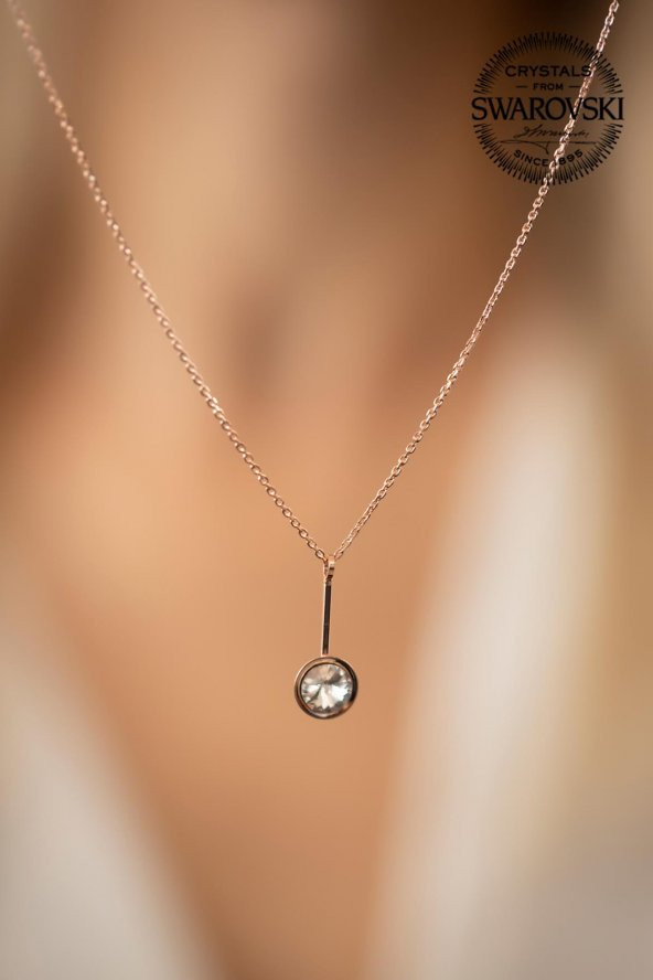 Swarovski Taşlı Çubuk ve Tektaş Model Rose Kaplama Gümüş Crystal Kolye