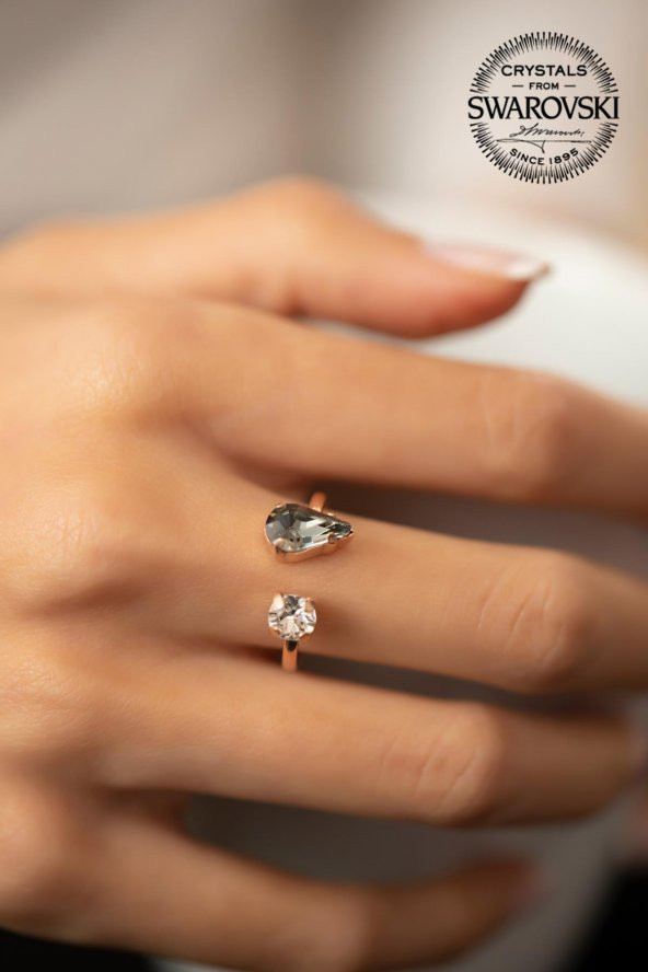 Swarovski Taşlı Damla ve Tektaş Model Rose Kaplama Gümüş Crystal Yüzük - 4