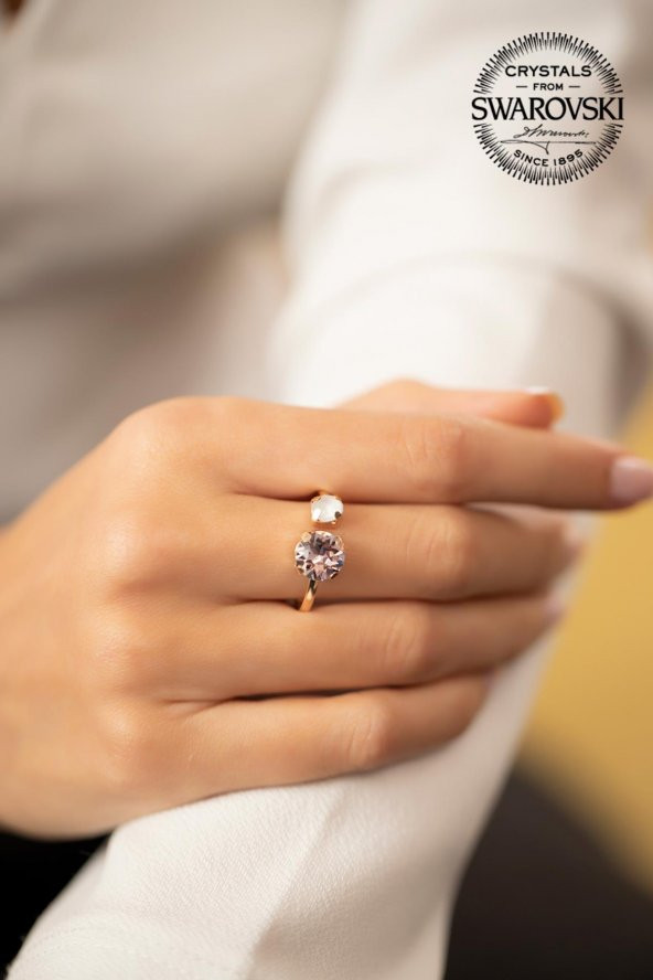 Swarovski Taşlı Çift Taş Model Rose Kaplama Gümüş Crystal Yüzük - 2