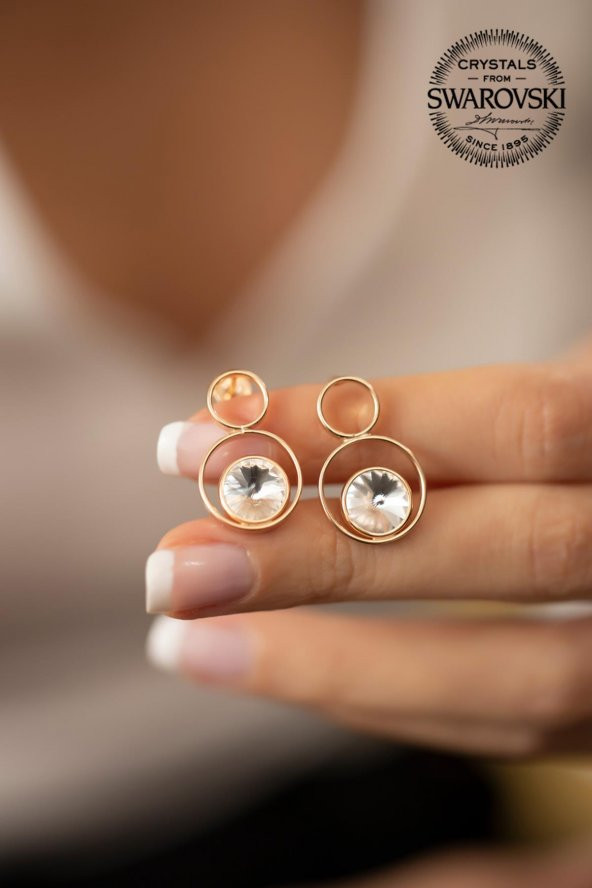 Swarovski Taşlı Çift Halka Model Rose Kaplama Gümüş Crystal Küpe - 3