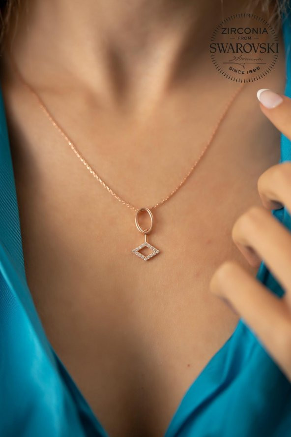 Swarovski Taşlı Elips ve Kare Model Rose Kaplama Gümüş Zirconia Kolye