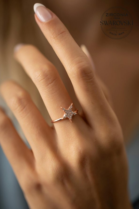 Swarovski Taşlı Yıldız Model Rose Kaplama Gümüş Zirconia Yüzük - 2