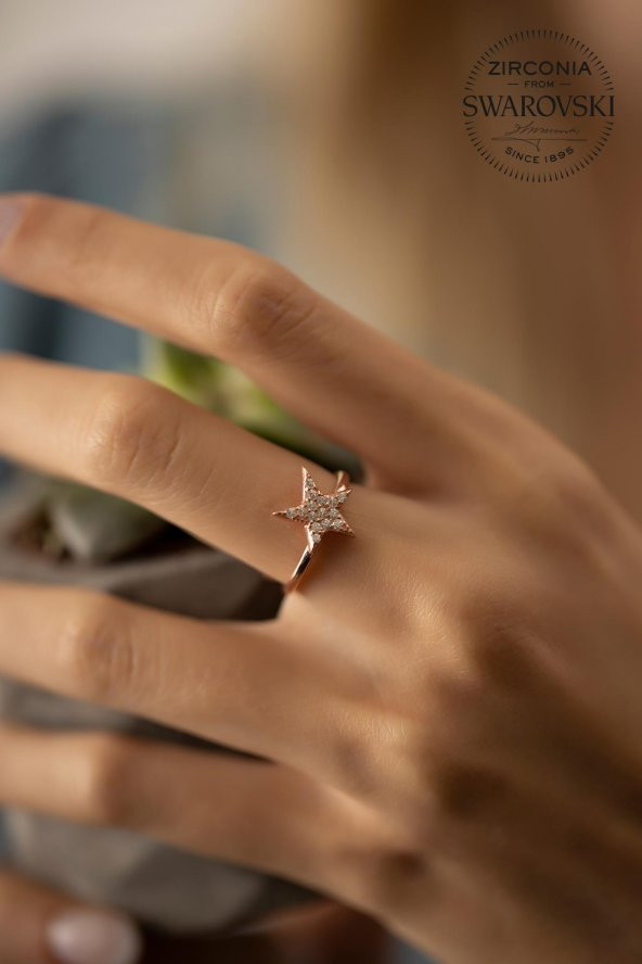 Swarovski Taşlı Yıldız Model Rose Kaplama Gümüş Zirconia Yüzük - 3