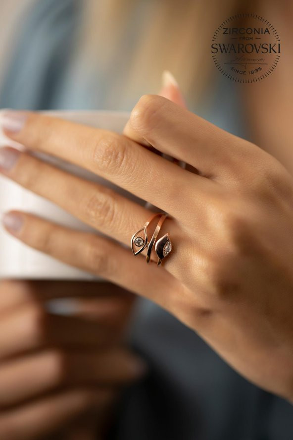 Swarovski Taşlı İkili Göz Model Rose Kaplama Gümüş Zirconia Yüzük - 2