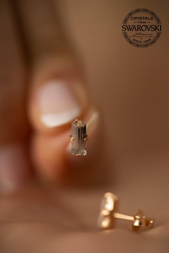Swarovski Taşlı Çubuk Model Rose Kaplama Gümüş Crystal Küpe - 4