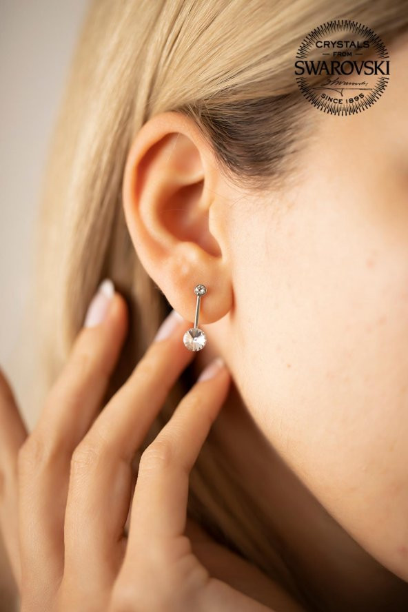 Swarovski Taşlı İki Taş ve Çubuk Model Gümüş Crystal Küpe - 2