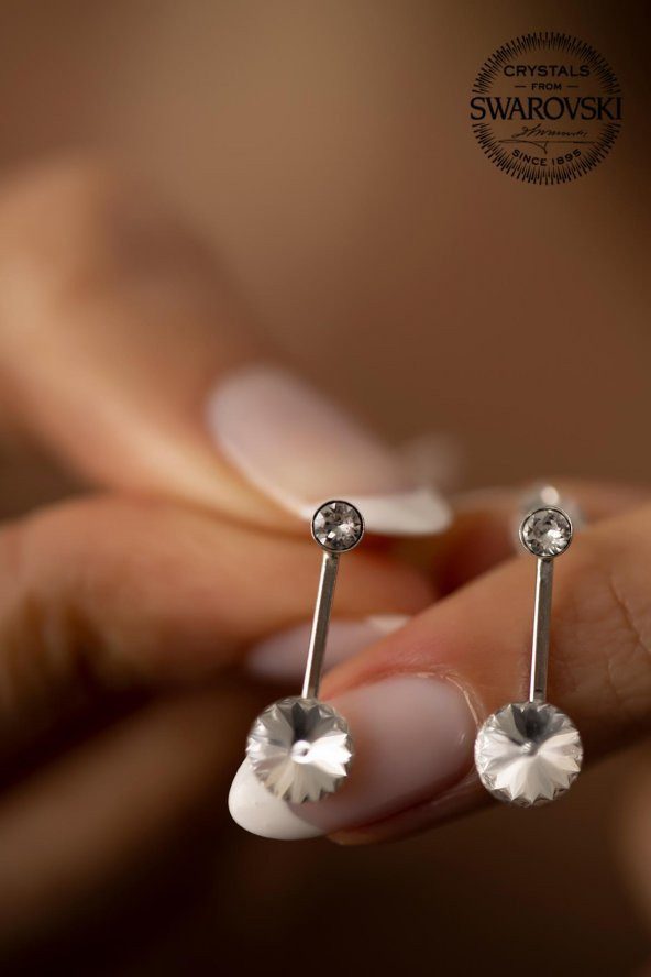 Swarovski Taşlı İki Taş ve Çubuk Model Gümüş Crystal Küpe - 3