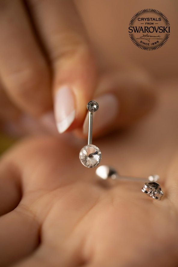 Swarovski Taşlı İki Taş ve Çubuk Model Gümüş Crystal Küpe - 4