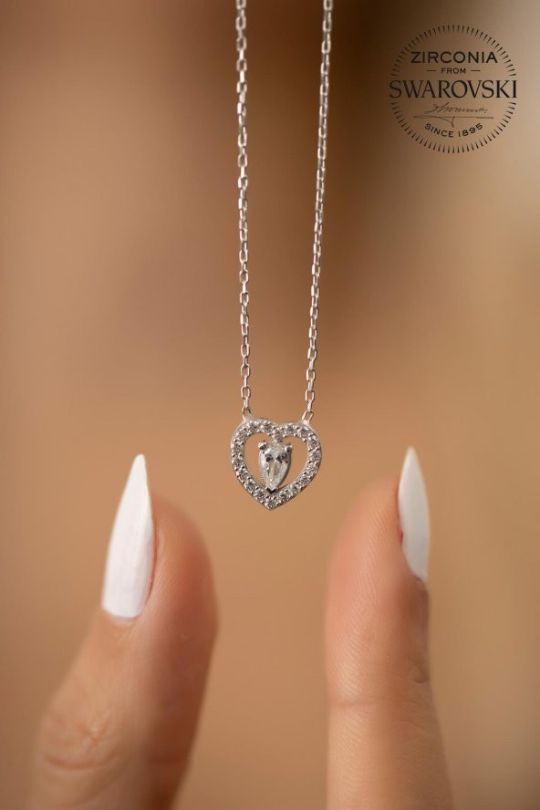 Swarovski Taşlı Kalp ve Damla Model Gümüş Zirconia Kolye