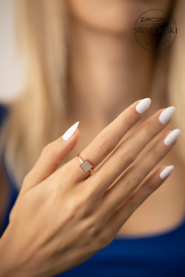 Swarovski Taşlı Kare Model Rose Kaplama Gümüş Zirconia Yüzük - 2
