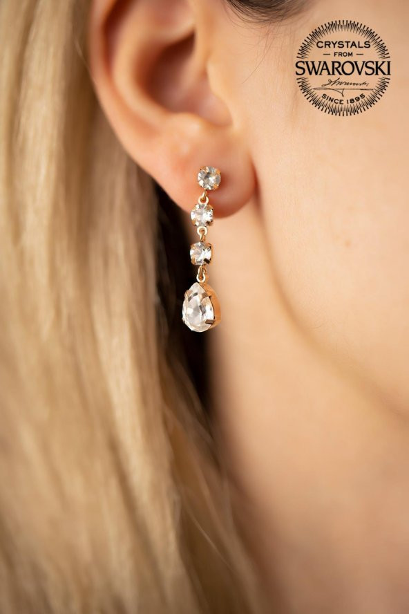 Swarovski Taşlı Üç Taş ve Damla Model Rose Kaplama Gümüş Crystal Küpe