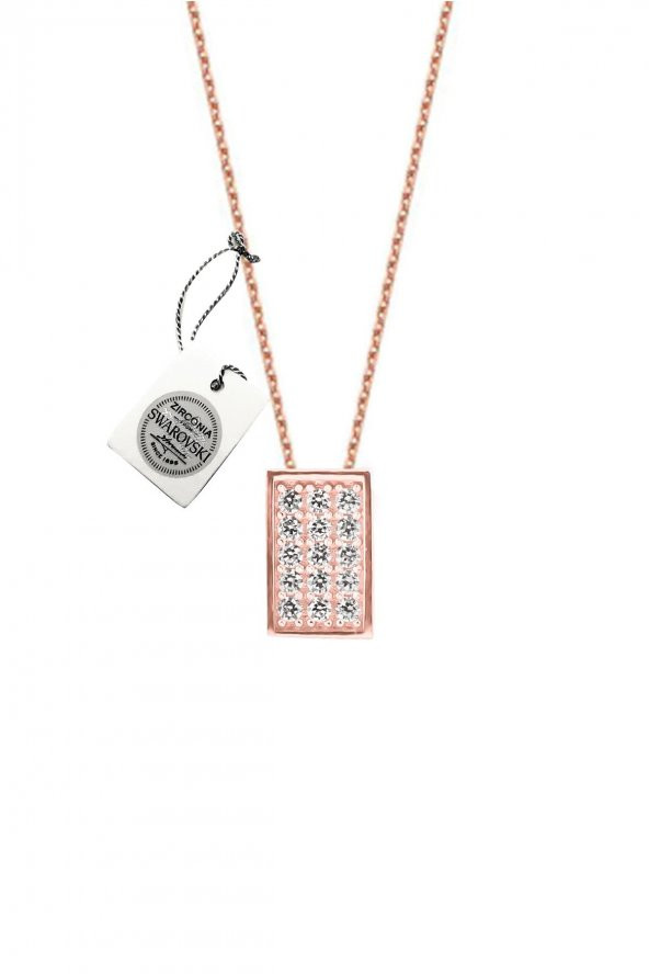 Swarovski Taşlı Dikdörtgen Model Gümüş Rose Zirconia Kolye - 3