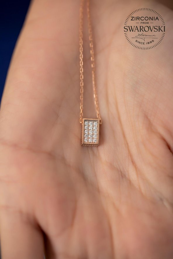 Swarovski Taşlı Dikdörtgen Model Gümüş Rose Zirconia Kolye - 5