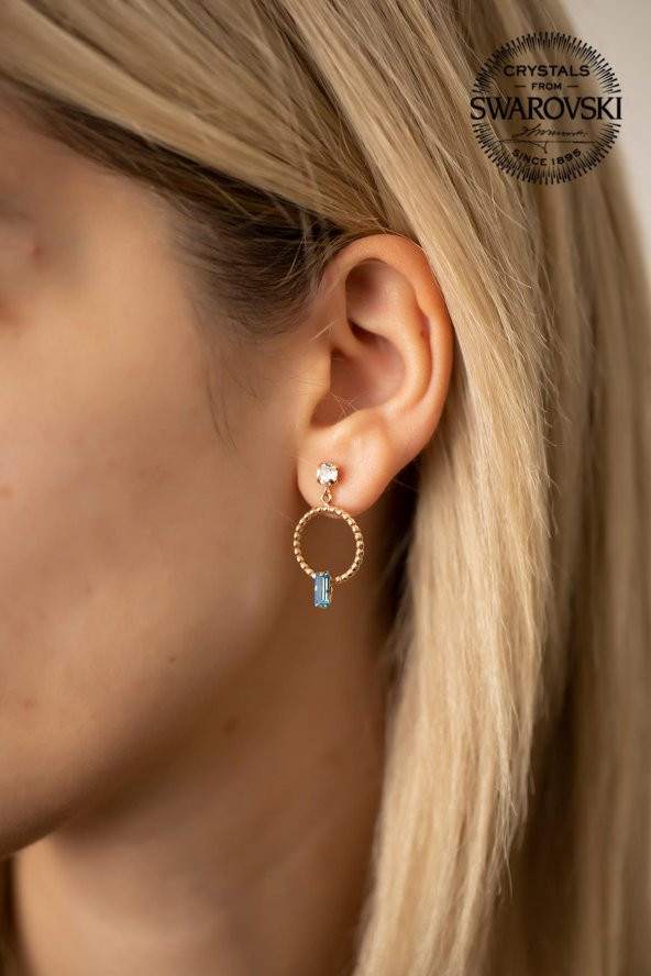 Swarovski Taşlı Halka ve Çubuk Model Rose Kaplama Gümüş Crystal Küpe - 2