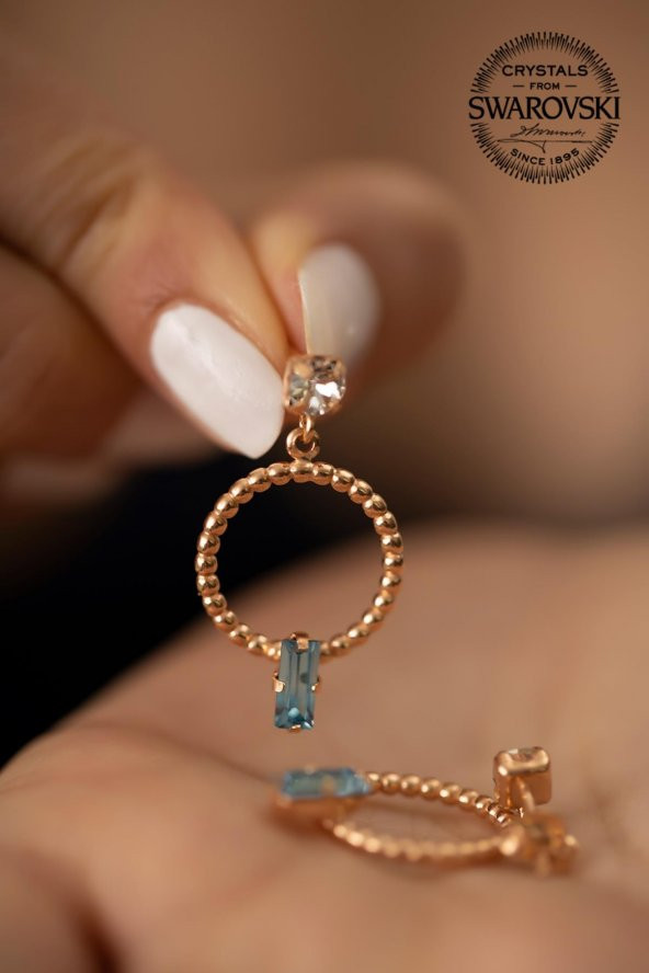 Swarovski Taşlı Halka ve Çubuk Model Rose Kaplama Gümüş Crystal Küpe - 4