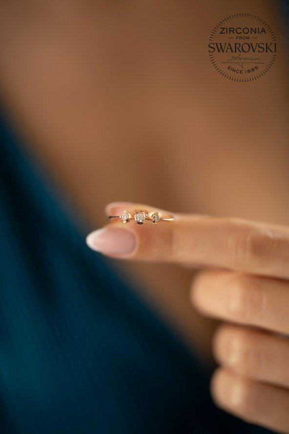 Swarovski Taşlı Üçtaş Model Rose Kaplama Gümüş Zirconia Yüzük - 4